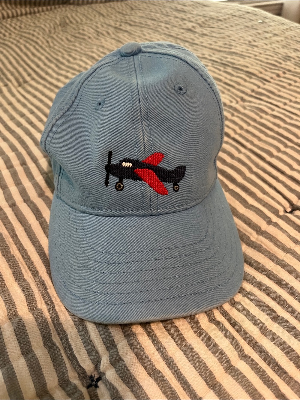 Harding Lane Kids Needlepoint Airplane Hat- light blue, navy and red